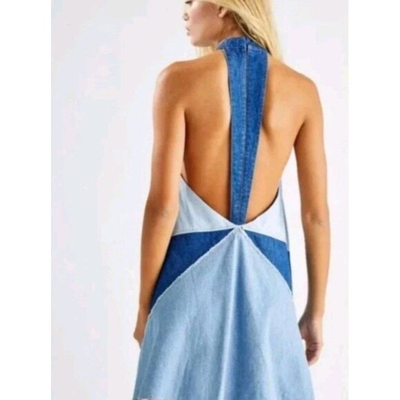 Free People Rising Sun Denim Mini Dress Halter 70s Open Back Hippie Festival Lrg - Picture 2 of 16